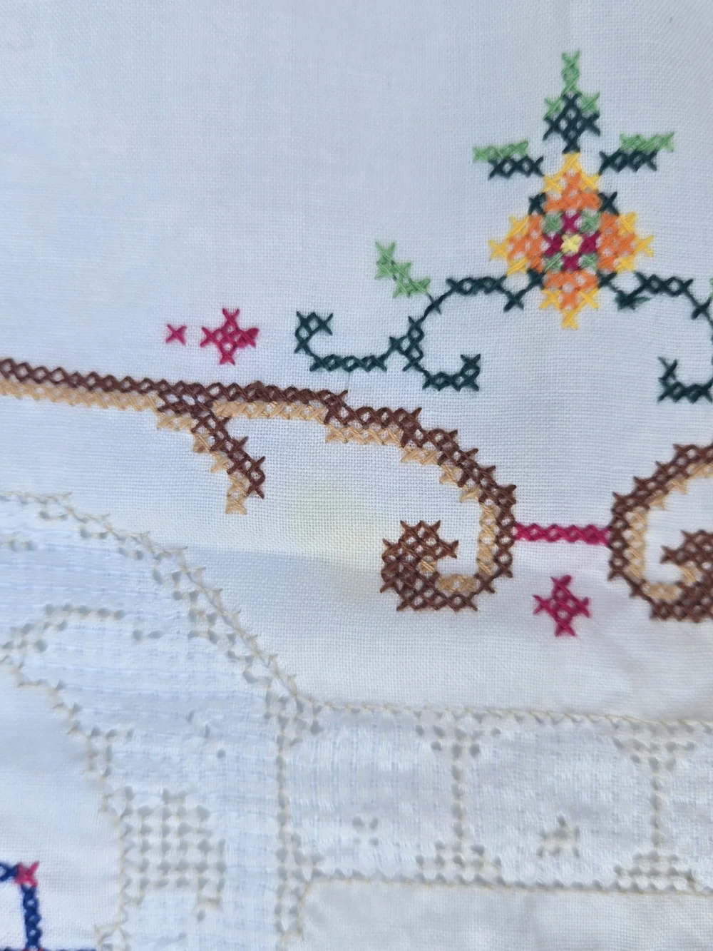 Vintage Cream Tablecloth with Multicolor Floral Embroidery